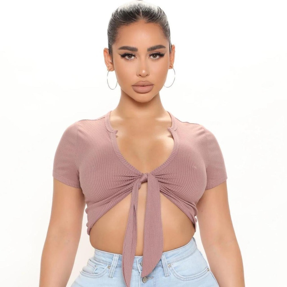 Fashion Nova Mauve Ribbed Tie Front Crop Top Short Sleeve Mauve Pink Size M